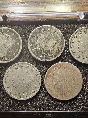 (5) Vintage Liberty Head (V Nickel) 1894, 1899, 1905, 1908 And 1910